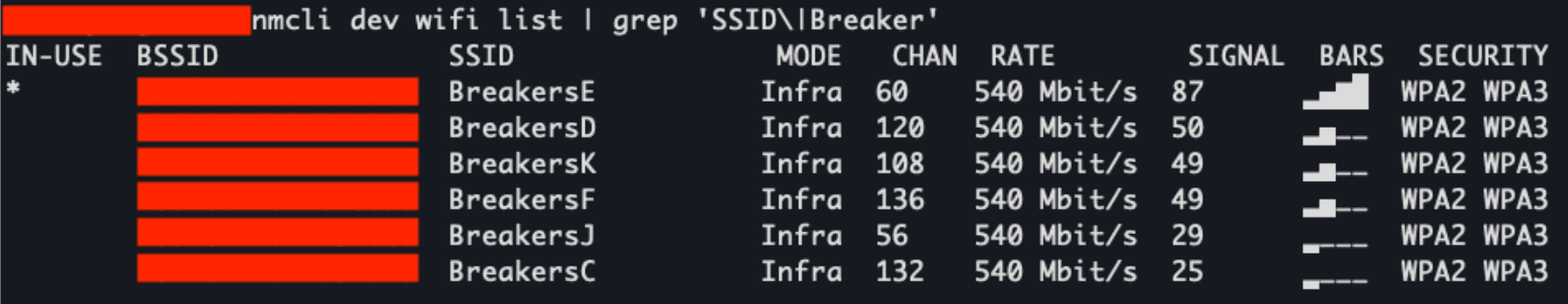 Command line output from a nearby ThousandEyes agent, showing the broadcast SSIDs